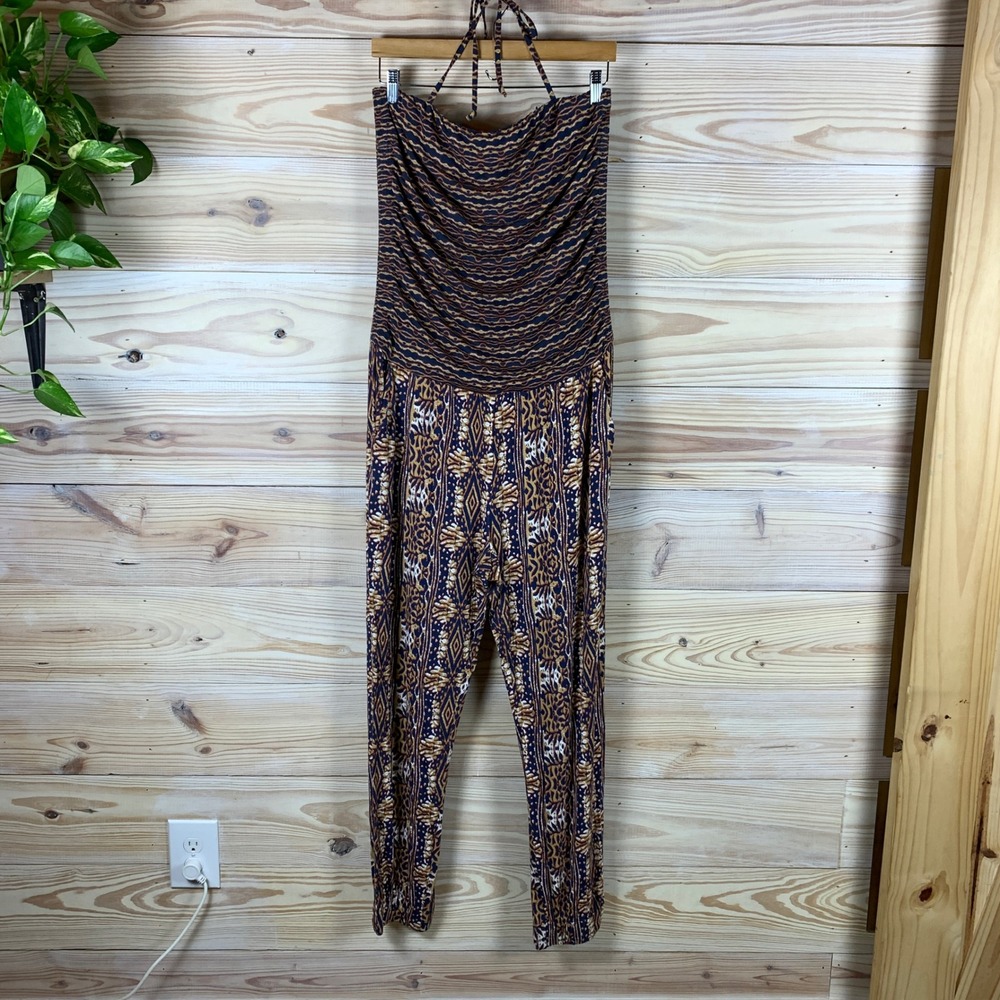CAbi Brown and Navy Patterned Strapless Jumpsuit